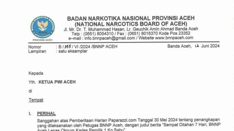 BNNP Aceh Sanggah dan Keberatan Terkait Pemberitaan “Sempat Ditahan 7 Hari, BNNP Aceh Lepas Oknum Kades Pemilik 1 Kg Sabu”