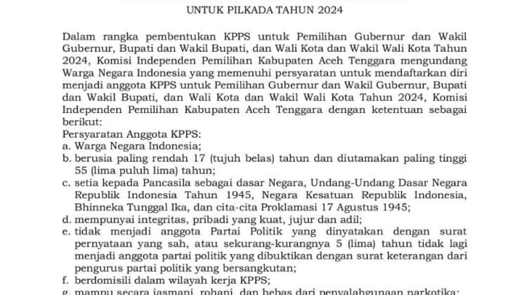 KIP Aceh Tenggara Rekrut KPPS Pilkada 2024