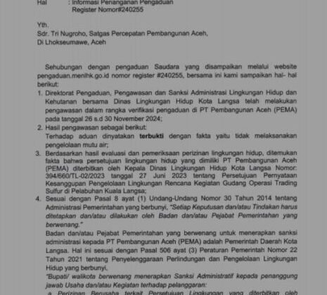 Buah hasil perjuangan PPA, PT. Pema di sangsi administrasi (SA)Gakumdu LH RI