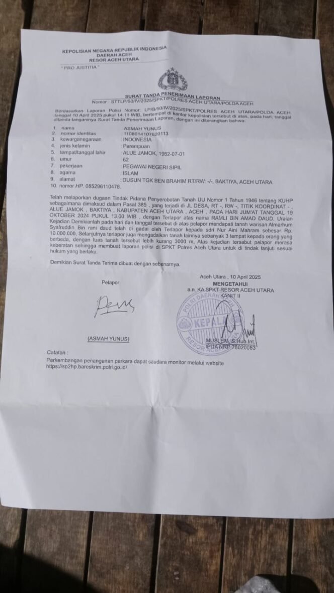 
					Diduga Terjadi Penyerobotan Tanah di Baktiya, Seorang ASN Lapor ke Polisi