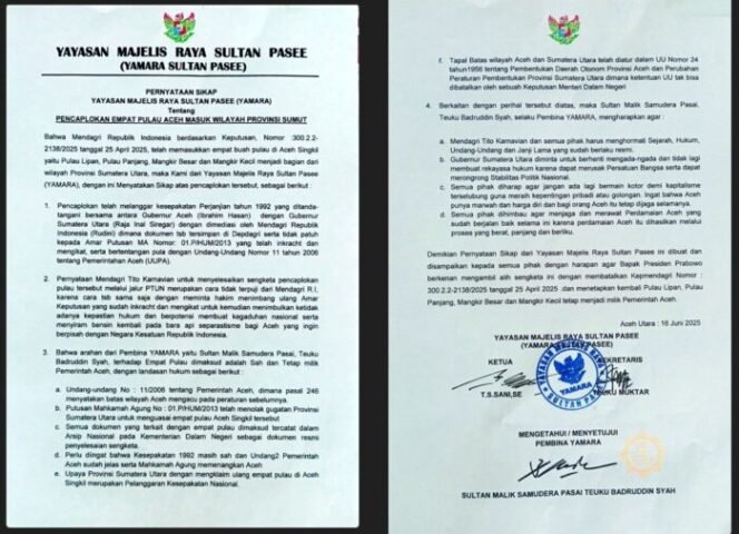 
					YAMARA Sultan Pasee Keluarkan Pernyataan Tegas Terkait Pencaplokan Empat Pulau Aceh