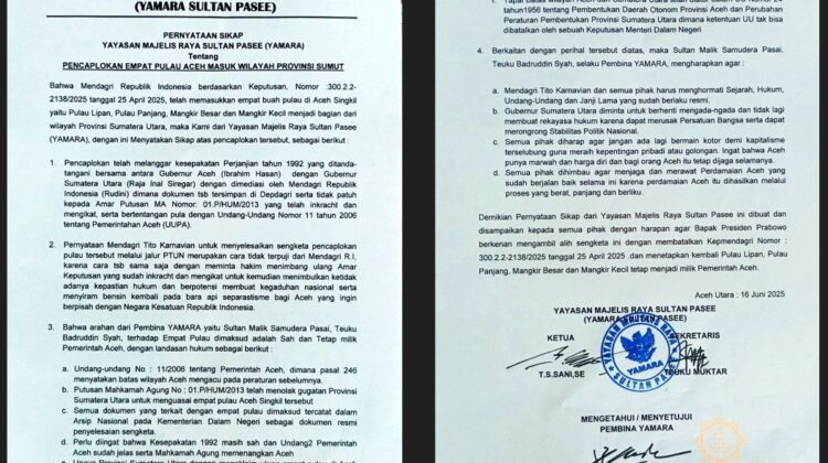 YAMARA Sultan Pasee Keluarkan Pernyataan Tegas Terkait Pencaplokan Empat Pulau Aceh