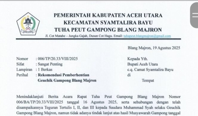 
					Tuha Peut Blang Majron Keluarkan Rekomendasi Pemberhentian Geuchik