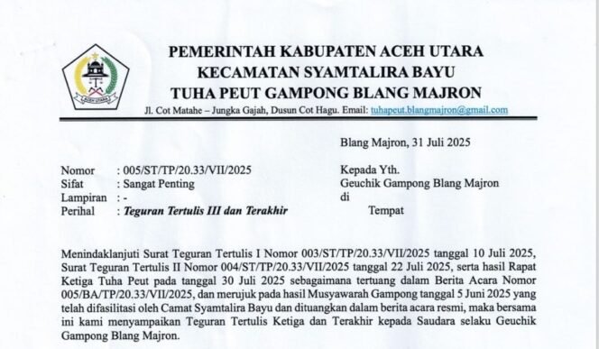 
					Tuha Peut Blang Majron Layangkan Teguran Terakhir: Ketua Tuha Peut Beberkan Tekanan Camat & Dugaan Pelanggaran Pengelolaan Dana Desa