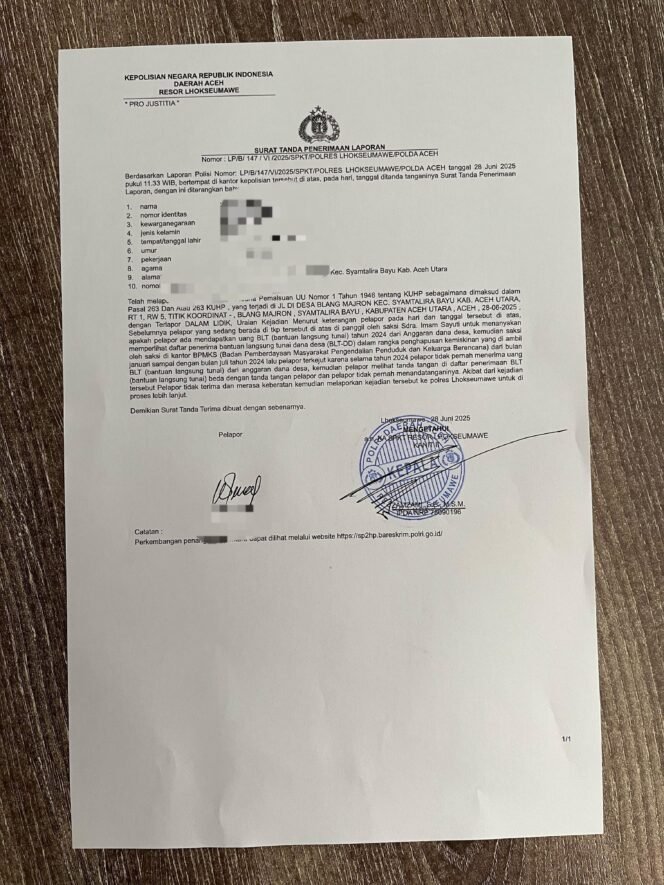 
					Dugaan Pemalsuan Tanda Tangan BLT 2024, Laporan Warga Blang Majron Belum Naik Penyidikan