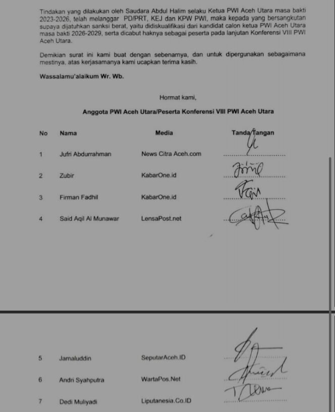 
					Anggota PWI Aceh Utara Layangkan Protes, Minta Abdul Halim Didiskualifikasi dari Konferensi