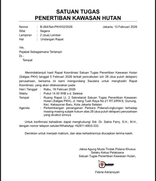 
					Satgas PKH Gelar Rapat Lanjutan Pencabutan Izin 28 Perusahaan