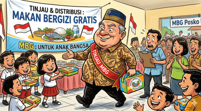 Ilustrasi pejabat meninjau program makan berigizi gratis (MBG). (harianpaparazzi.com/AI)