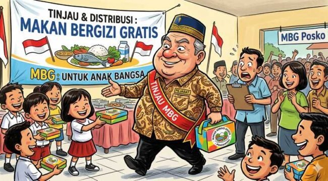 Ilustrasi pejabat meninjau program makan berigizi gratis (MBG). (harianpaparazzi.com/AI)