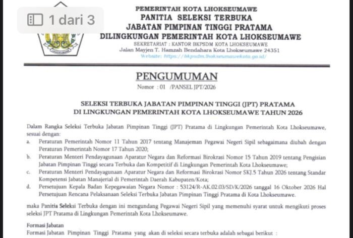 Pemko Lhokseumawe Buka Seleksi 14 Jabatan Pimpinan Tinggi Pratama, Pendaftaran hingga 6 November 2026